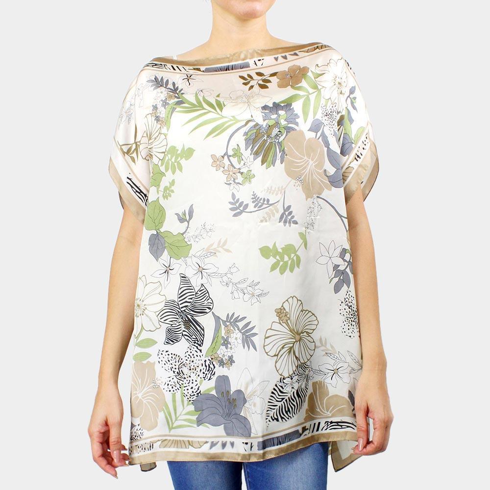 Beige Flower Printed Satin Poncho - Jewelry Store by Erik Rayo