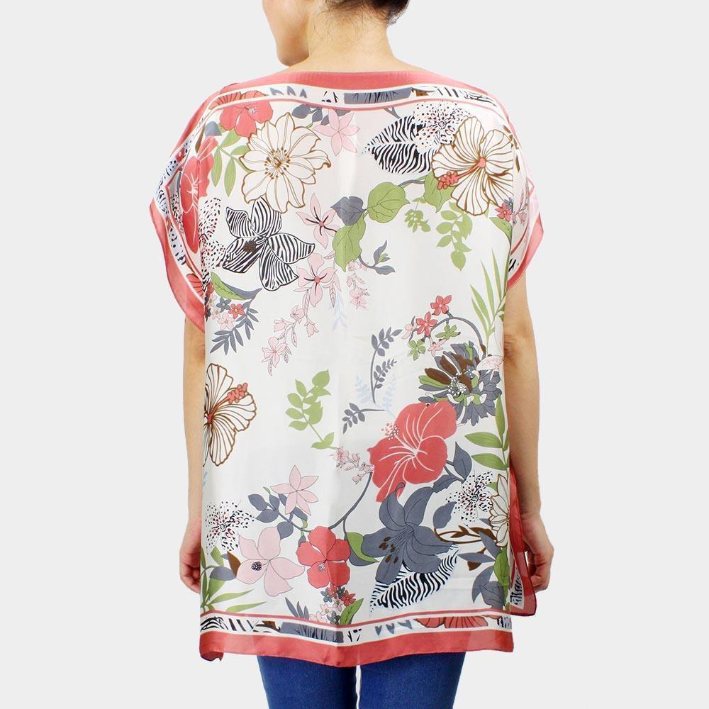 Coral Flower Printed Satin Poncho - Jewelry Store by Erik Rayo
