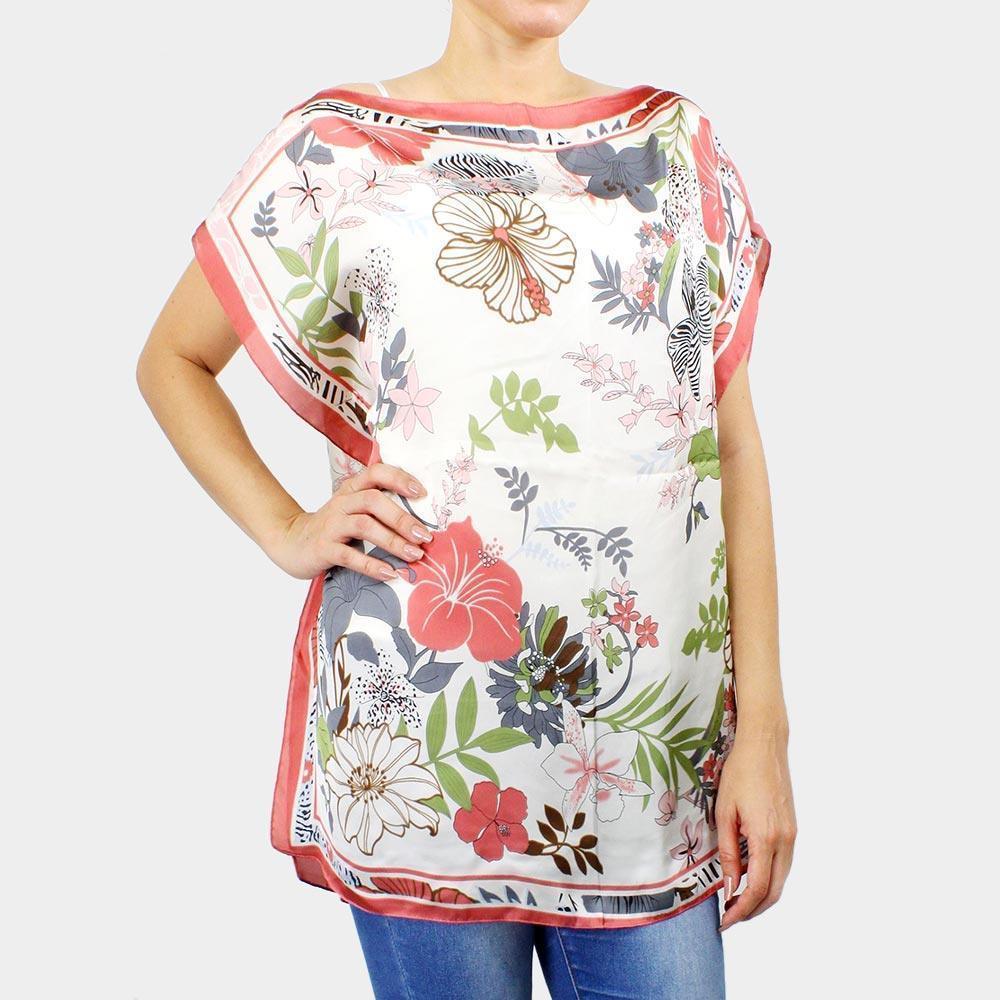Coral Flower Printed Satin Poncho - Jewelry Store by Erik Rayo