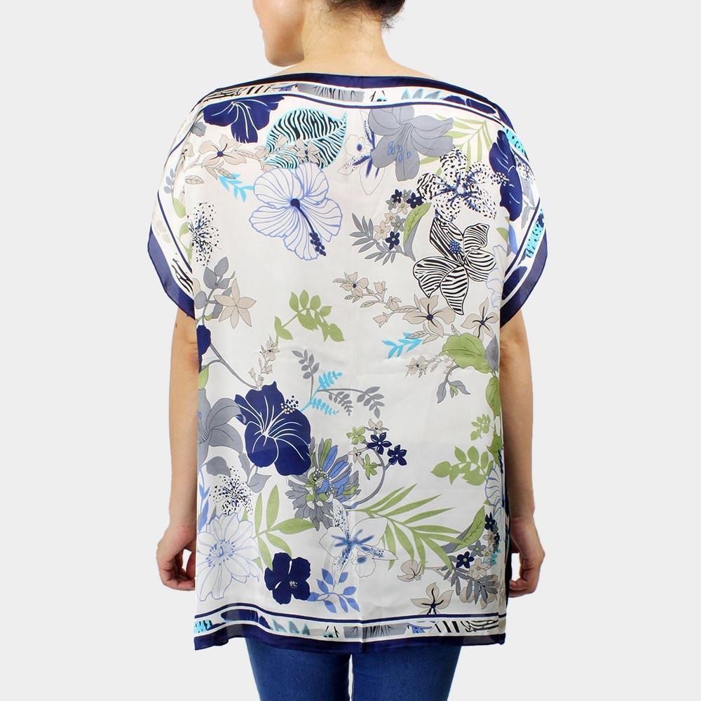 Navy Flower Printed Satin Poncho - Jewelry Store by Erik Rayo