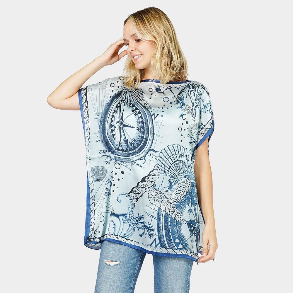 Blue Nautical Printed Satin Poncho - Jewelry Store by Erik Rayo