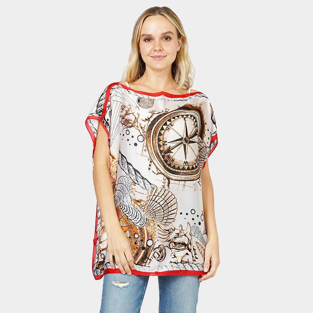 Red Nautical Printed Satin Poncho - Jewelry Store by Erik Rayo