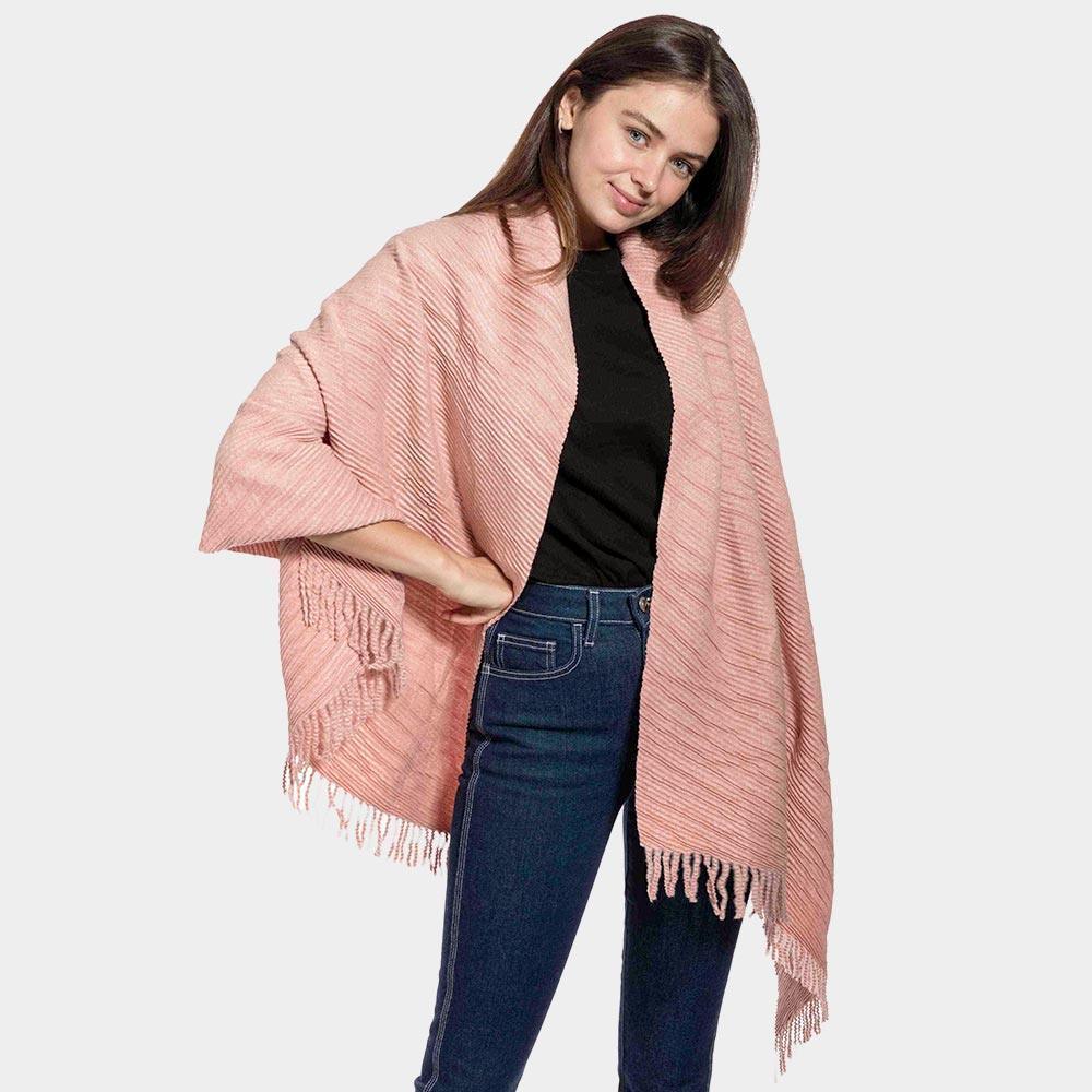 Peach Striped Pattern Wool Mix Fringe Scarf