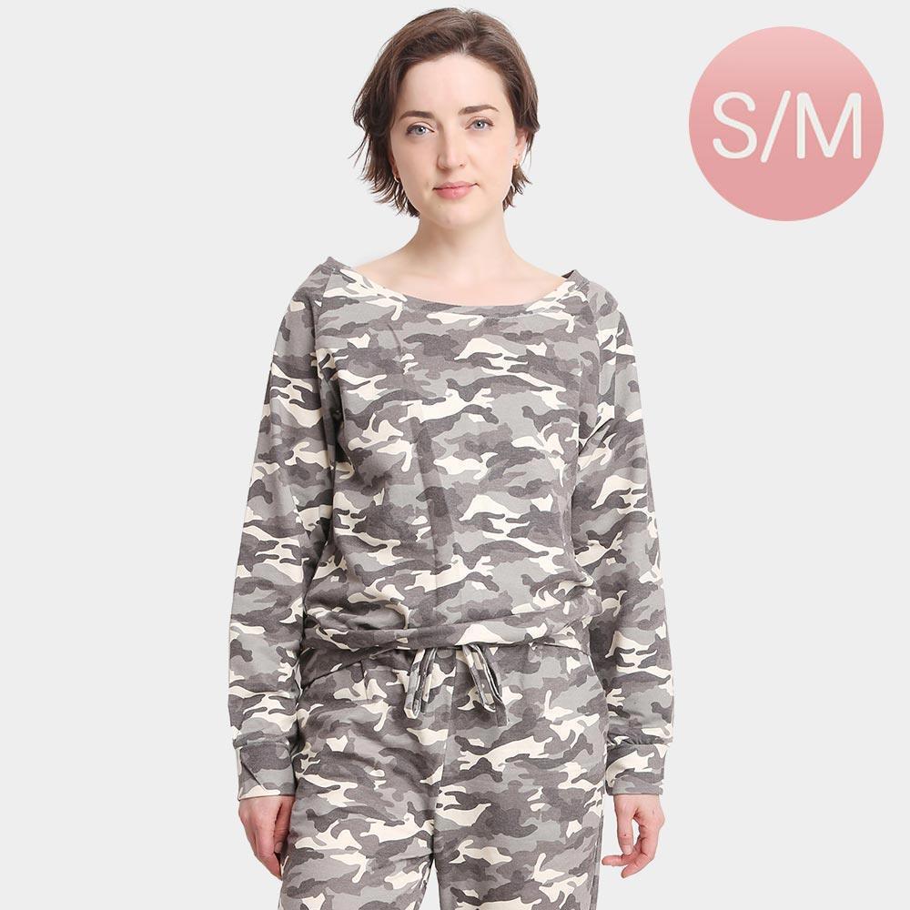 Green Camouflage Patterned Boat Neck Loungewear Sweatshirts Top