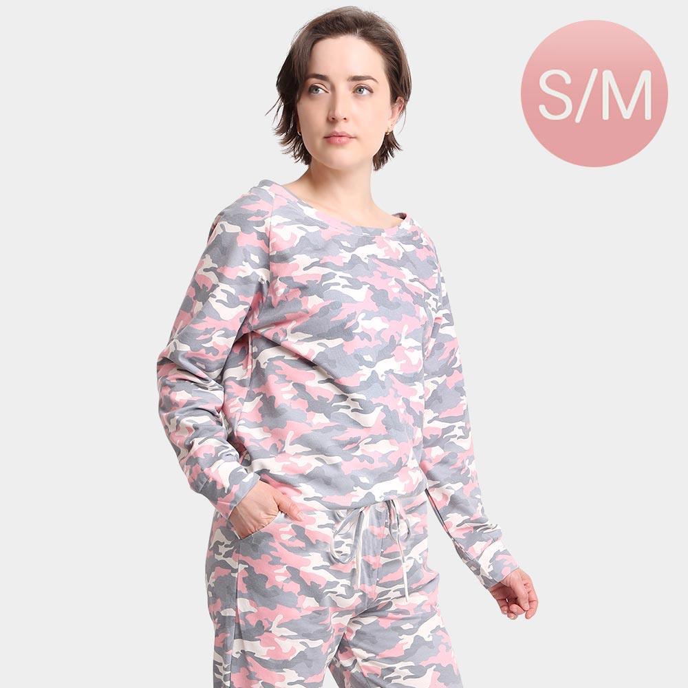 Pink Camouflage Patterned Boat Neck Loungewear Sweatshirts Top