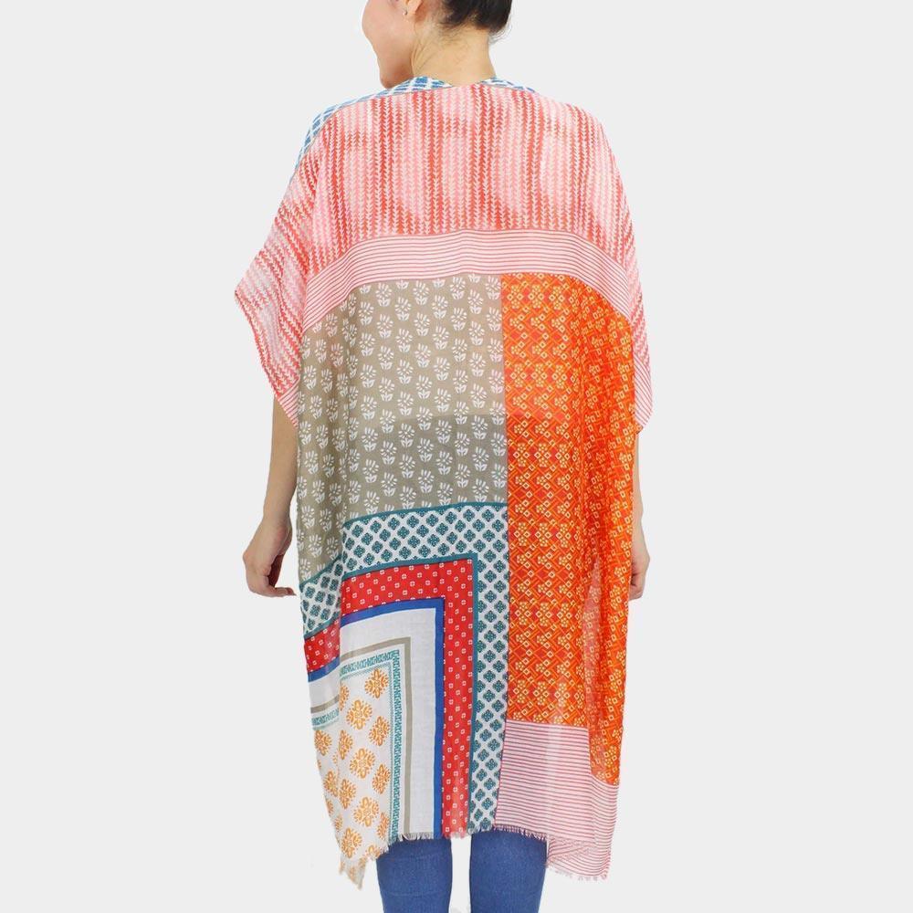 Coral Patchwork Printed Cover Up Kimono Poncho - Jewelry Store by Erik Rayo