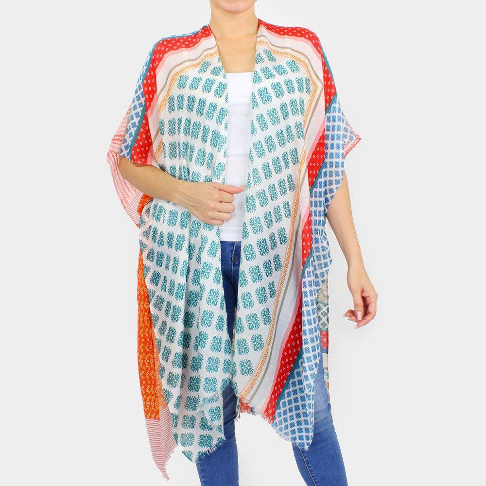 Coral Patchwork Printed Cover Up Kimono Poncho - Jewelry Store by Erik Rayo