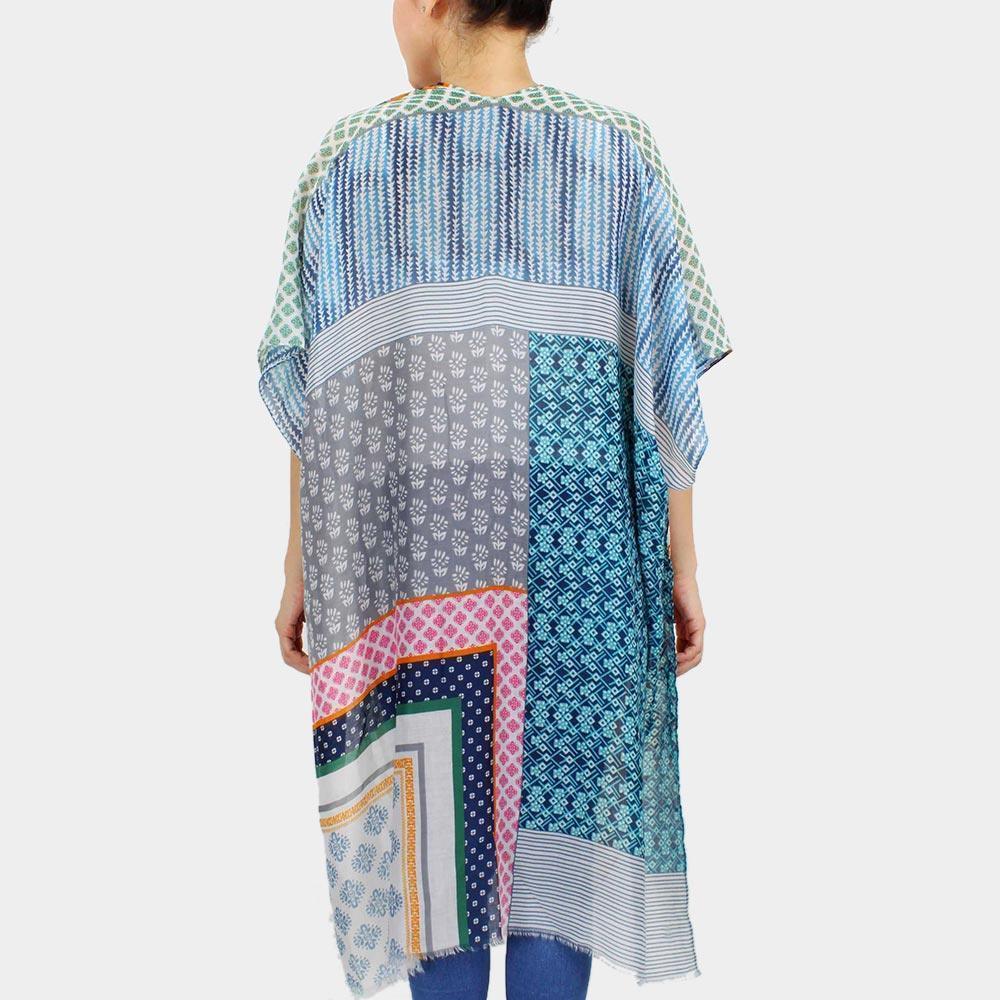 Navy Patchwork Printed Cover Up Kimono Poncho - Jewelry Store by Erik Rayo