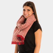 Load image into Gallery viewer, Red Double Sided Stripe &amp; Chevron Shawl Scarf with Raw Fringe
