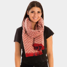 Load image into Gallery viewer, Red Double Sided Stripe &amp; Chevron Shawl Scarf with Raw Fringe
