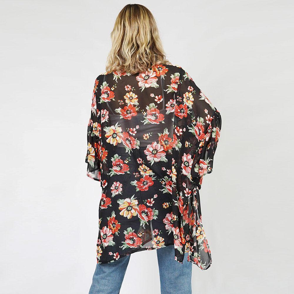 Black Flower Printed Cover Up Kimono Poncho - Jewelry Store by Erik Rayo
