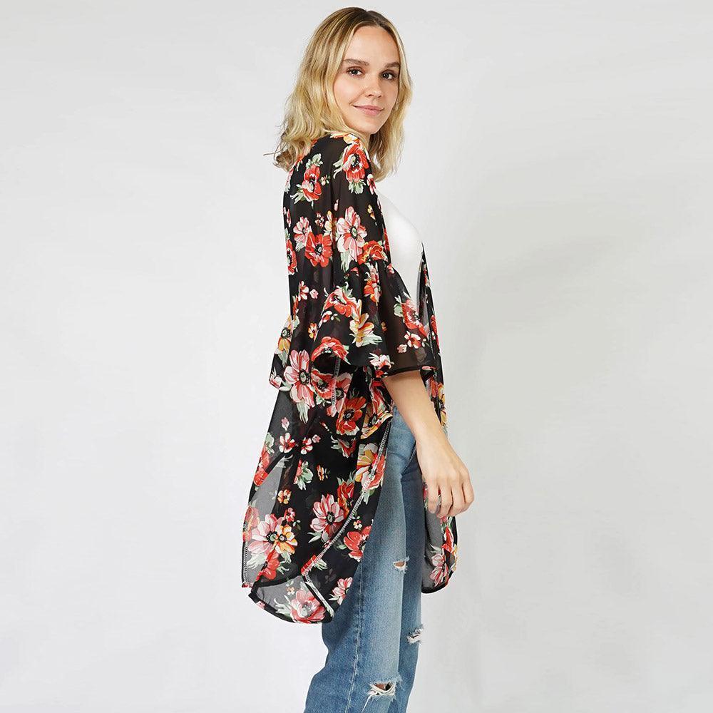 Black Flower Printed Cover Up Kimono Poncho - Jewelry Store by Erik Rayo