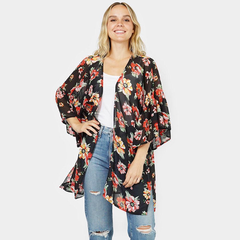 Black Flower Printed Cover Up Kimono Poncho - Jewelry Store by Erik Rayo