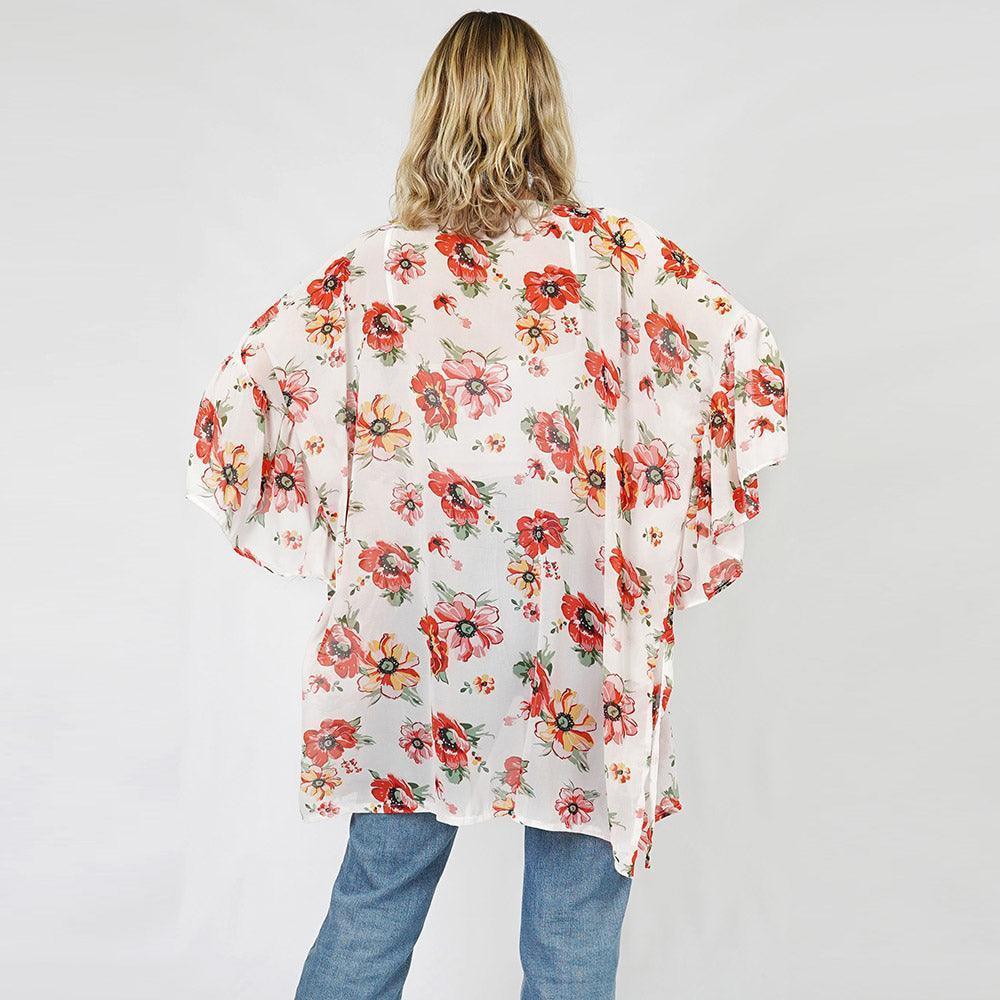 White Flower Printed Cover Up Kimono Poncho - Jewelry Store by Erik Rayo