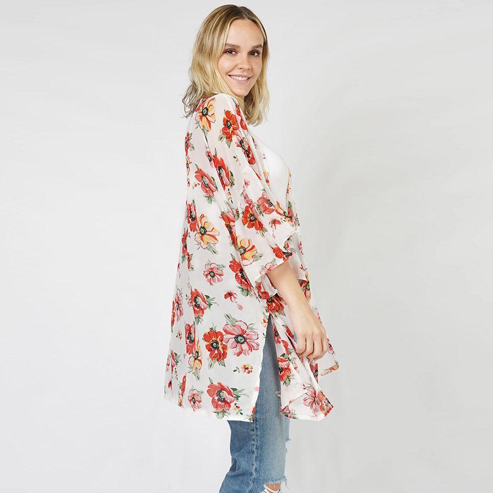 White Flower Printed Cover Up Kimono Poncho - Jewelry Store by Erik Rayo