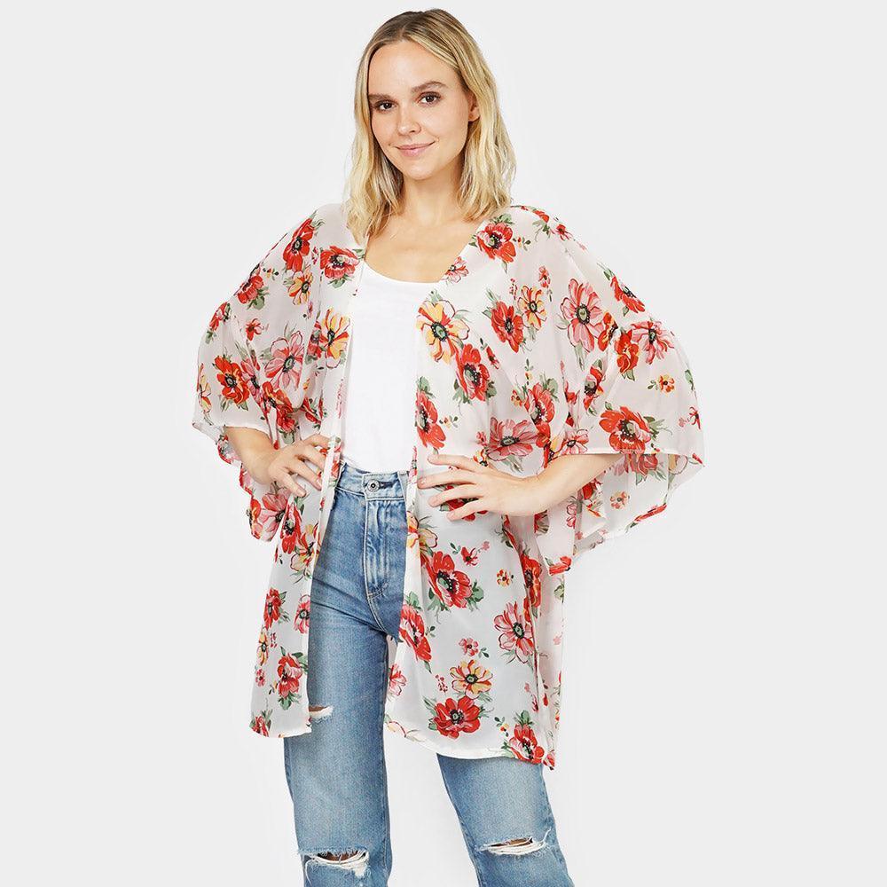White Flower Printed Cover Up Kimono Poncho - Jewelry Store by Erik Rayo