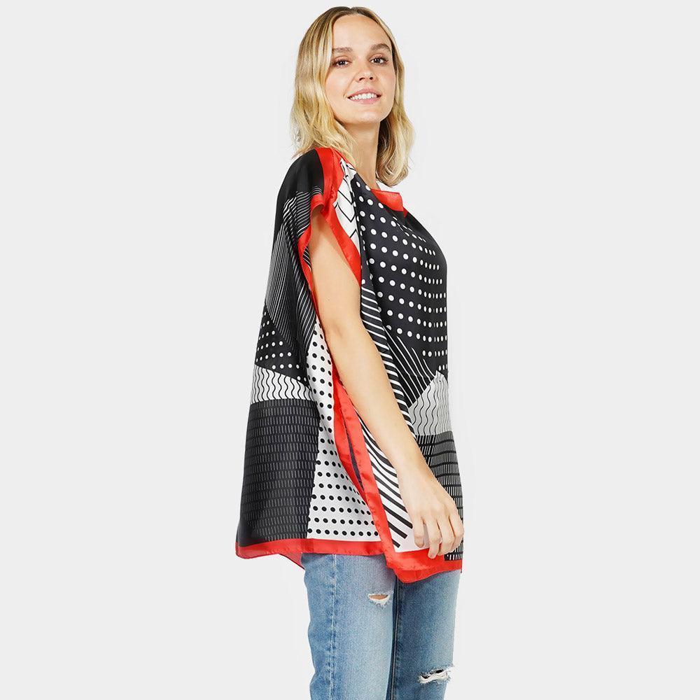 Red Geometric Printed Satin Poncho - Jewelry Store by Erik Rayo