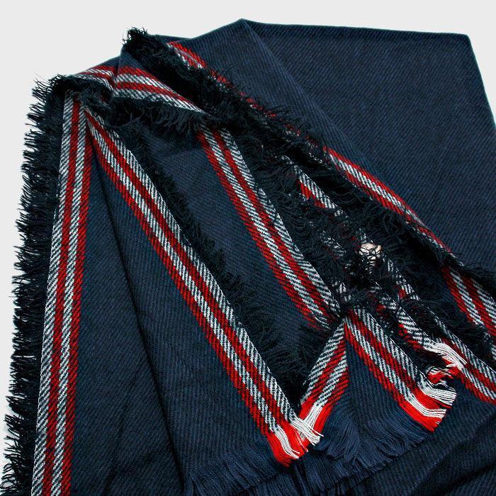 Navy Stripe Accented Scarf with Raw Fringe Trim - Jewelry Store by Erik Rayo