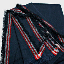 Load image into Gallery viewer, Navy Stripe Accented Scarf with Raw Fringe Trim
