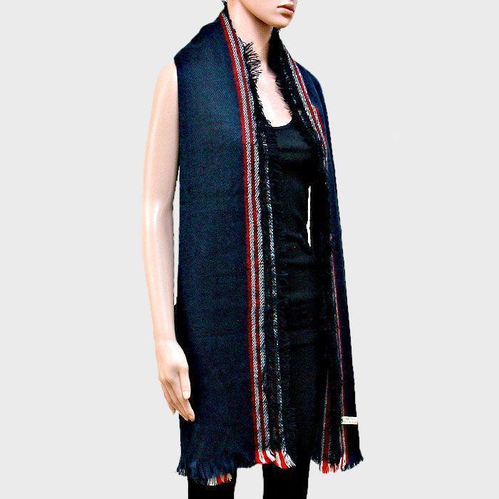 Navy Stripe Accented Scarf with Raw Fringe Trim - Jewelry Store by Erik Rayo