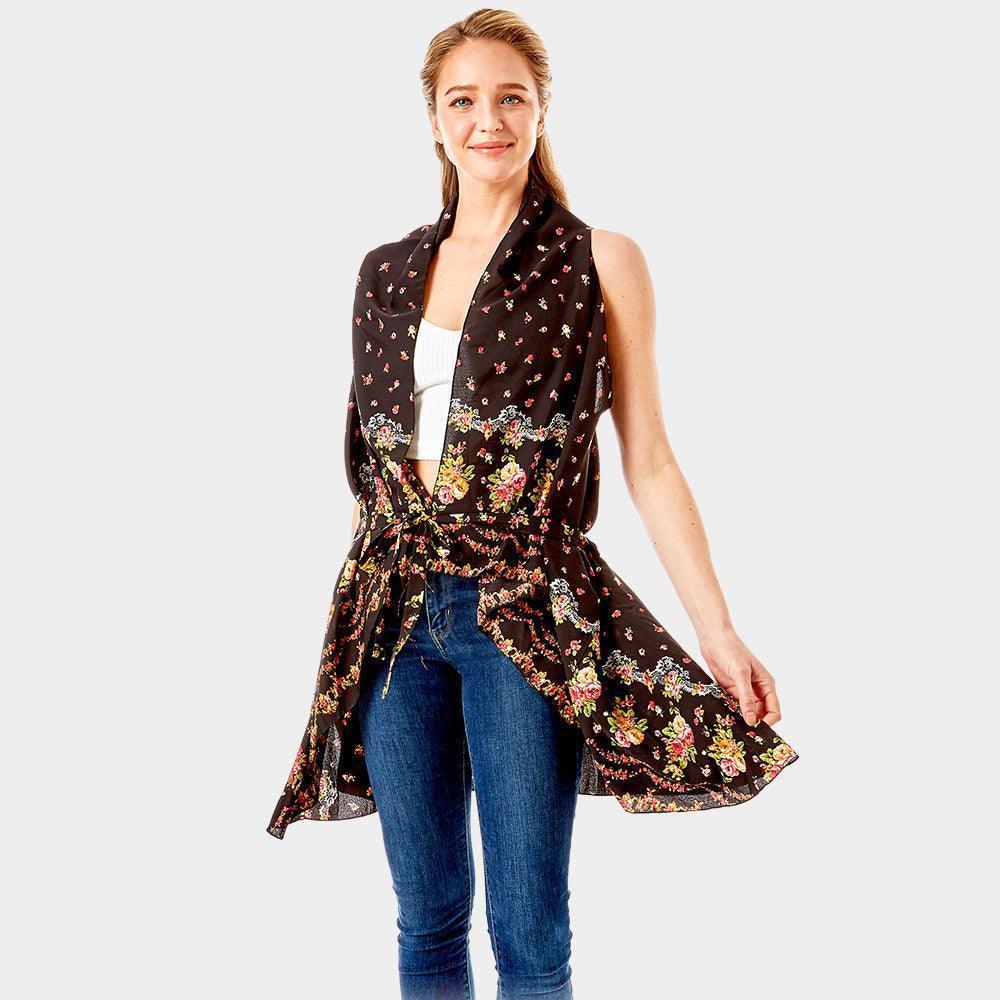 Black Flower Pattern Print Cover Up Vest - Jewelry Store by Erik Rayo