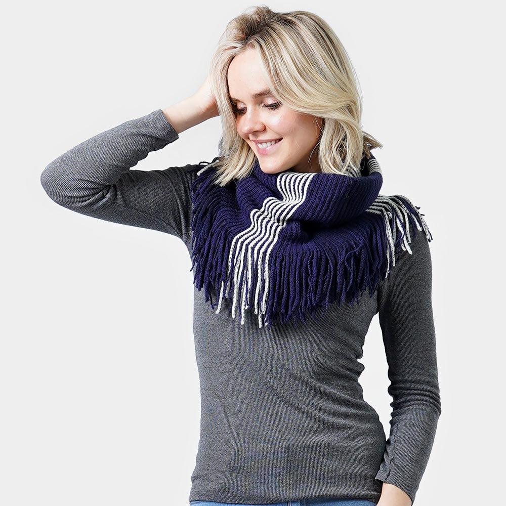 Navy Stripe Knit Tube Scarf With Tassel