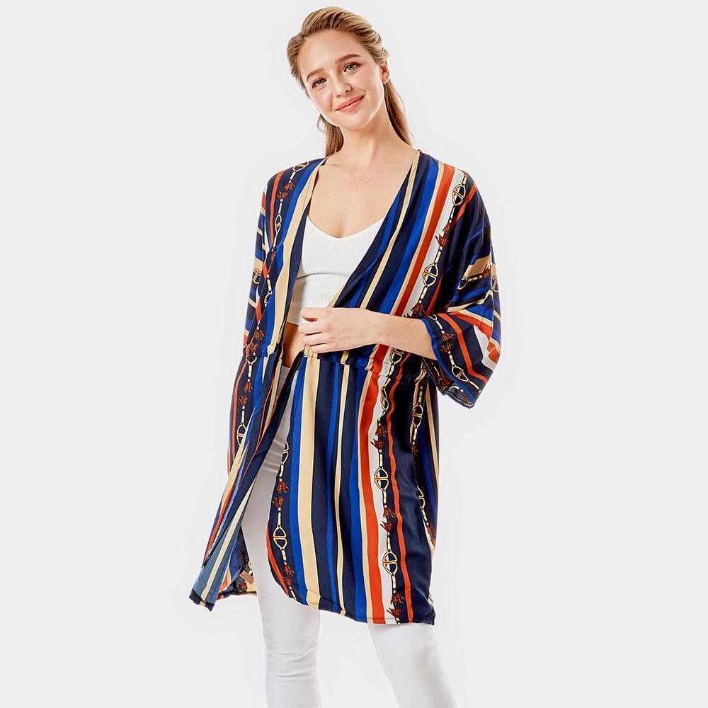 Navy Multi Color Stripe Cover Up Kimono Poncho - Jewelry Store by Erik Rayo