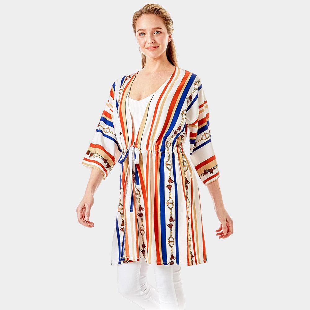 White Multi Color Stripe Cover Up Kimono Poncho