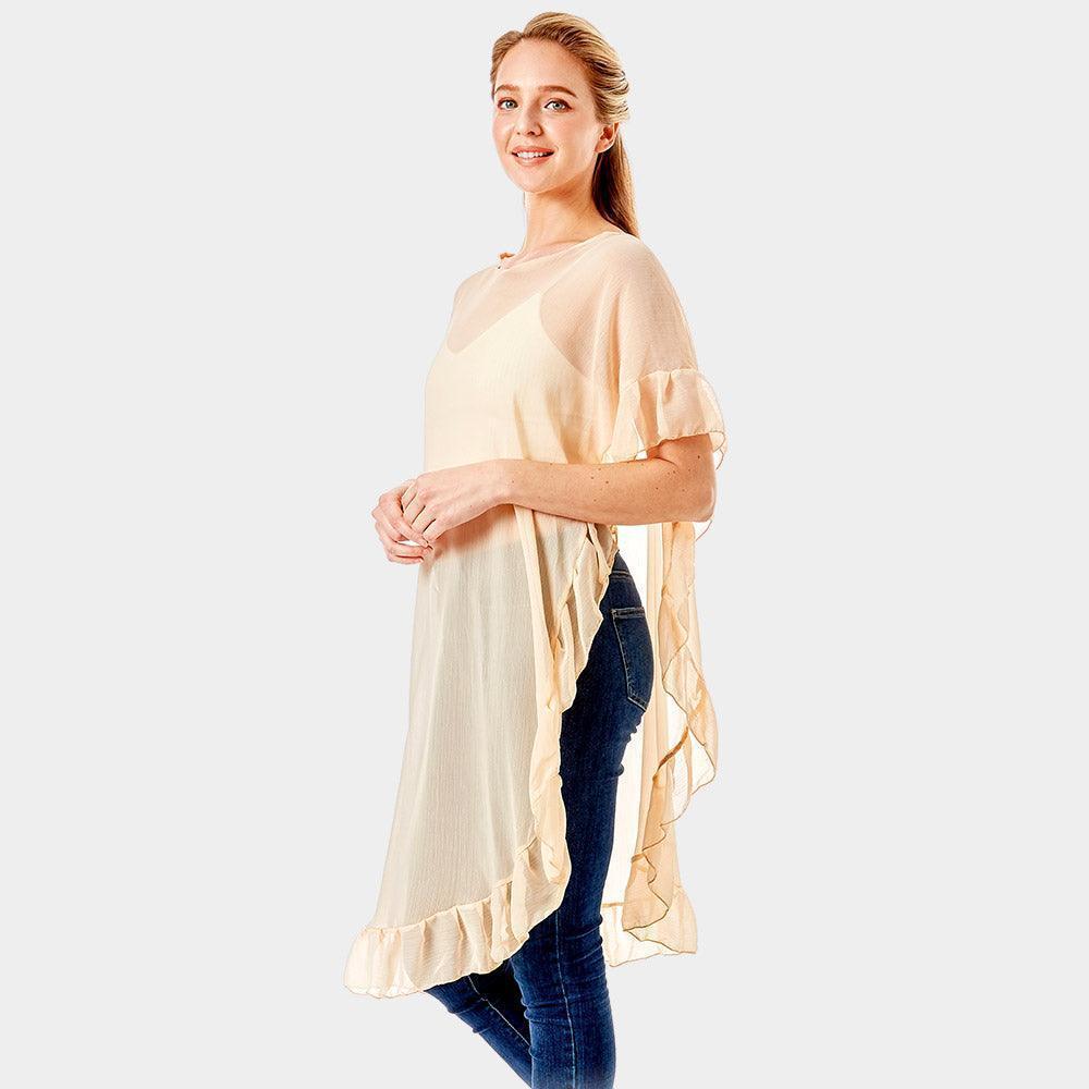 Beige Solid Color Half Ruffled Cover-up Poncho - Jewelry Store by Erik Rayo
