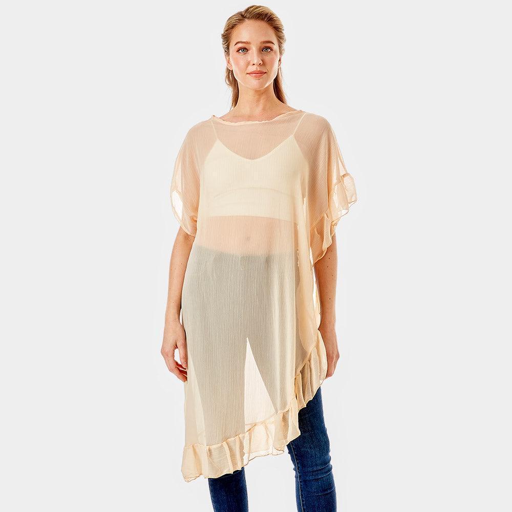 Beige Solid Color Half Ruffled Cover-up Poncho - Jewelry Store by Erik Rayo