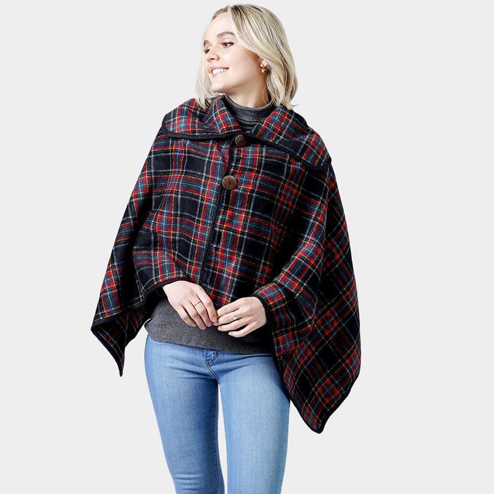Black Plaid Check Pattern Poncho With Button - Jewelry Store by Erik Rayo
