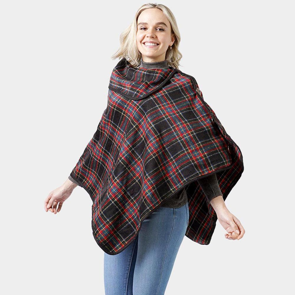 Black Plaid Check Pattern Poncho With Button - Jewelry Store by Erik Rayo