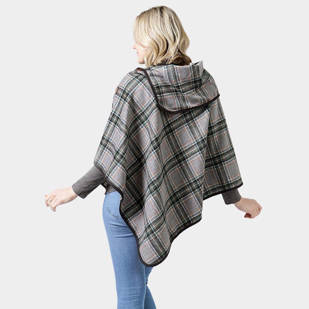 Gray Plaid Check Pattern Poncho With Button - Jewelry Store by Erik Rayo
