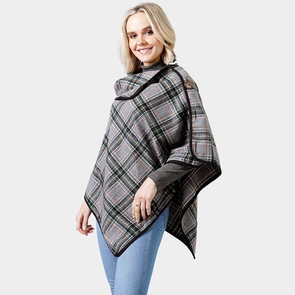 Gray Plaid Check Pattern Poncho With Button - Jewelry Store by Erik Rayo