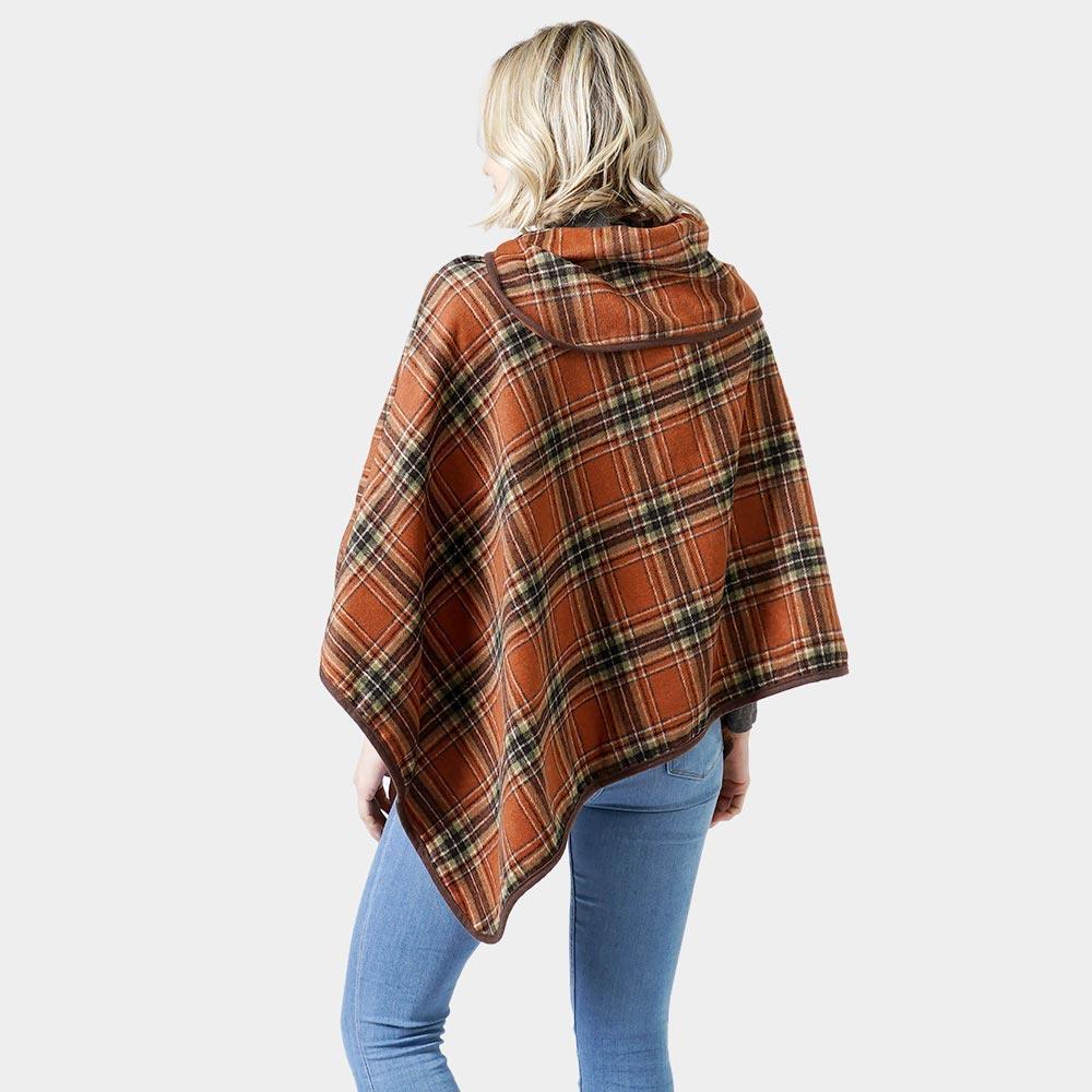 Rust Plaid Check Pattern Poncho With Button - Jewelry Store by Erik Rayo