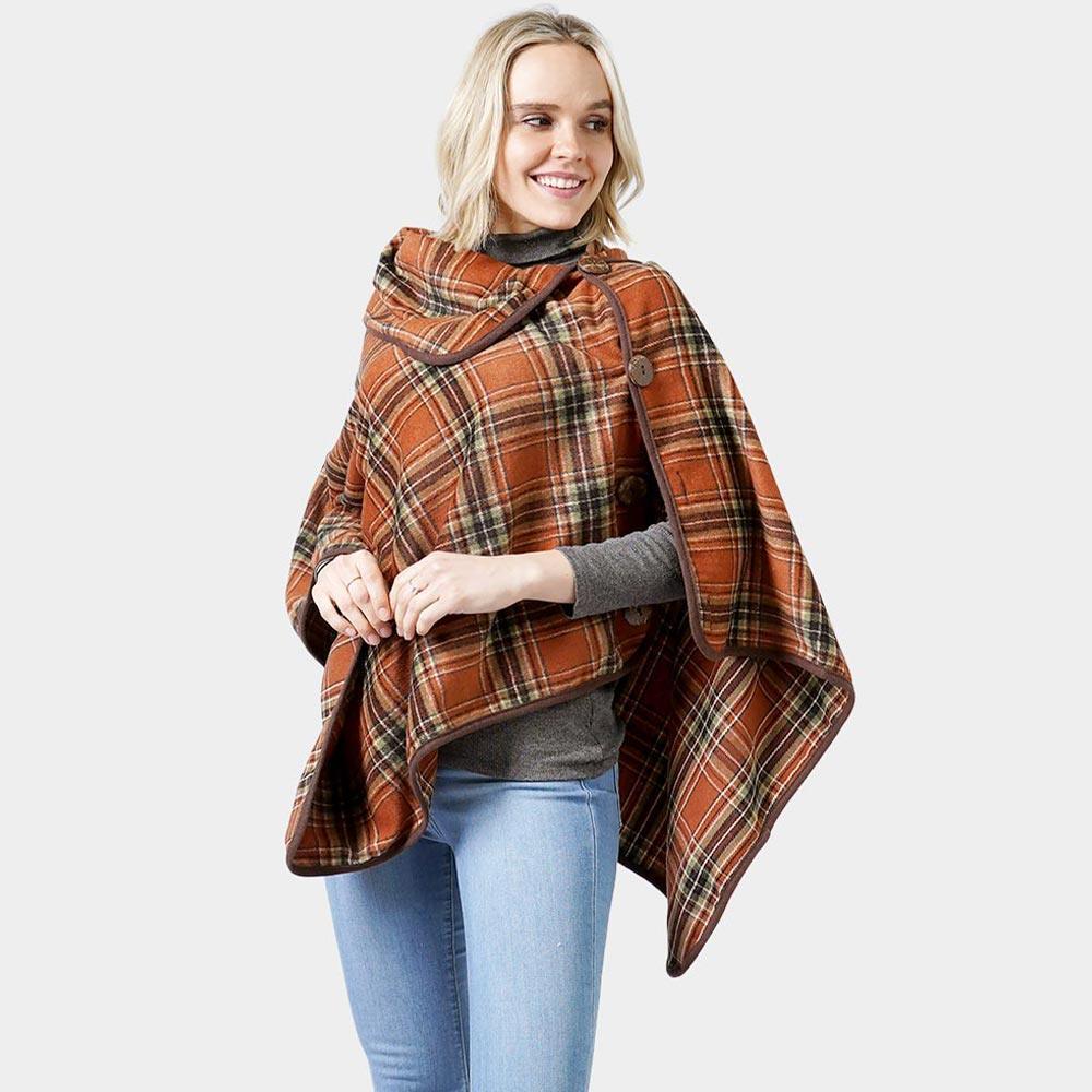 Rust Plaid Check Pattern Poncho With Button - Jewelry Store by Erik Rayo