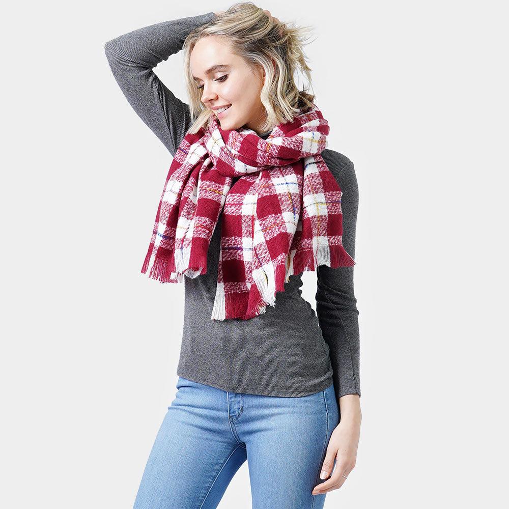 Burgundy Plaid Check Oblong Scarf