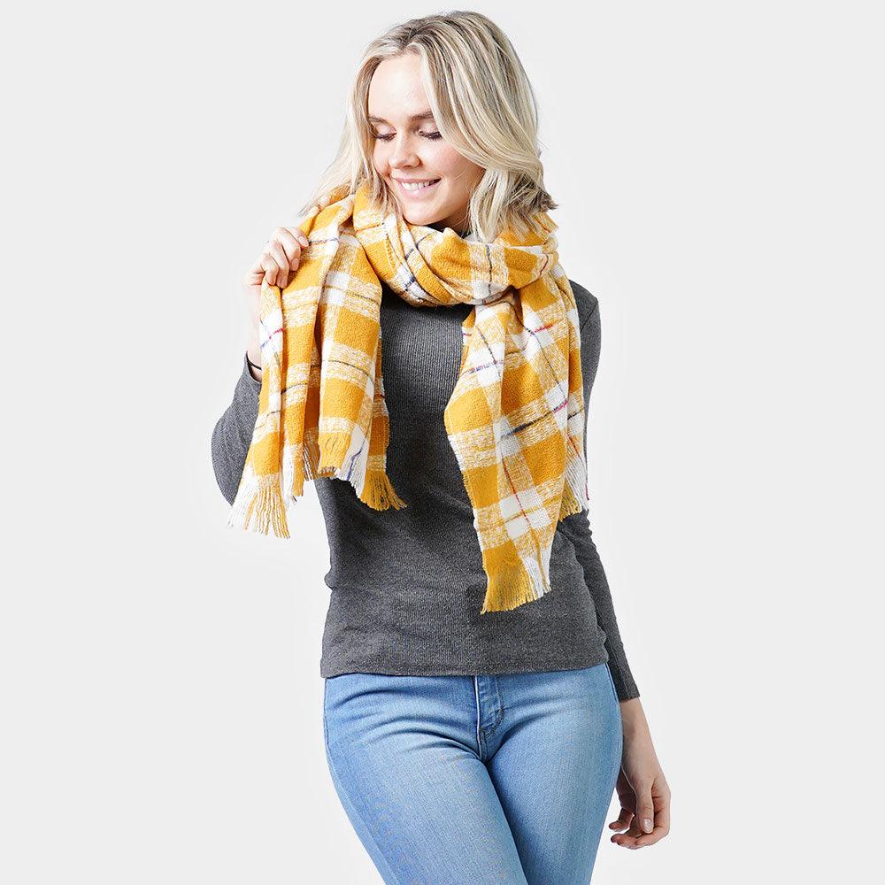 Mustard Plaid Check Oblong Scarf