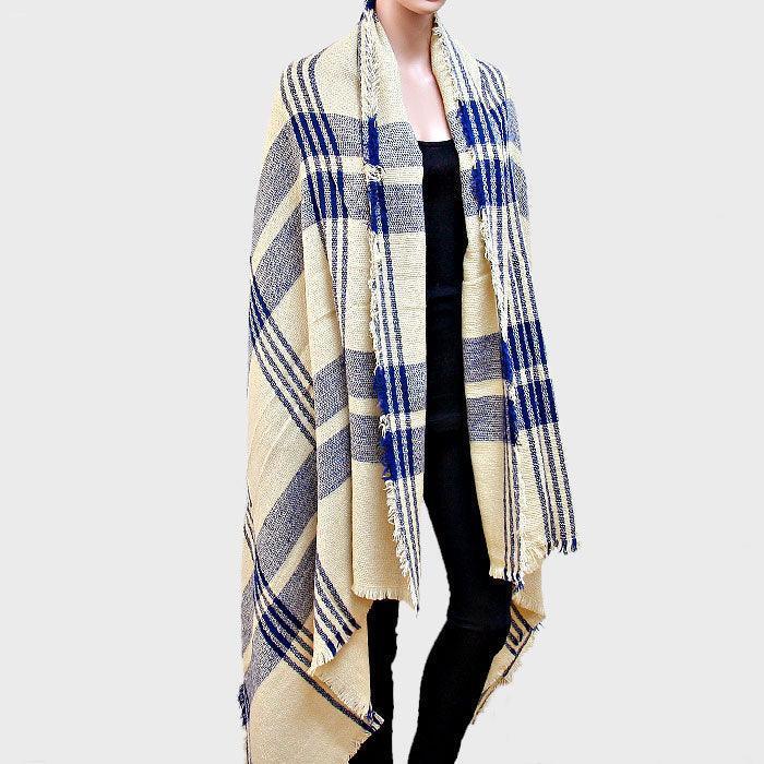 Navy Plaid Check Shawl Scarf with Raw Fringe Trim - Jewelry Store by Erik Rayo