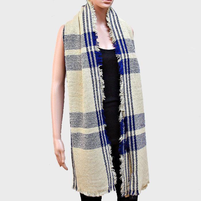 Navy Plaid Check Shawl Scarf with Raw Fringe Trim - Jewelry Store by Erik Rayo