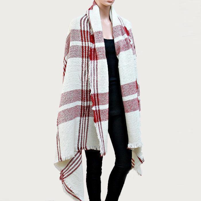 White Plaid Check Shawl Scarf with Raw Fringe Trim