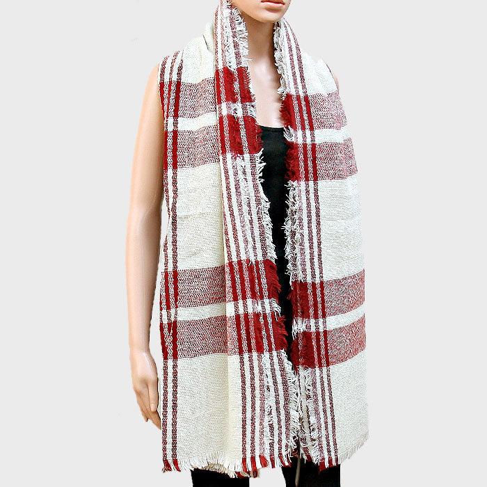 White Plaid Check Shawl Scarf with Raw Fringe Trim