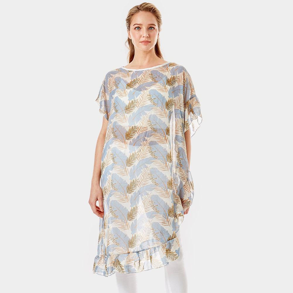 Blue Tropical Leaf and Feather Half Ruffled Cover Up Poncho - Jewelry Store by Erik Rayo