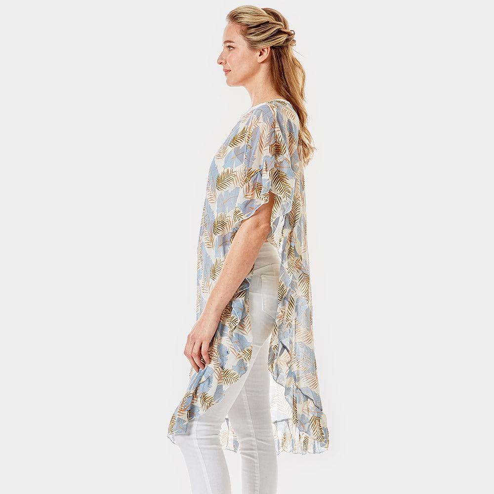 Blue Tropical Leaf and Feather Half Ruffled Cover Up Poncho - Jewelry Store by Erik Rayo