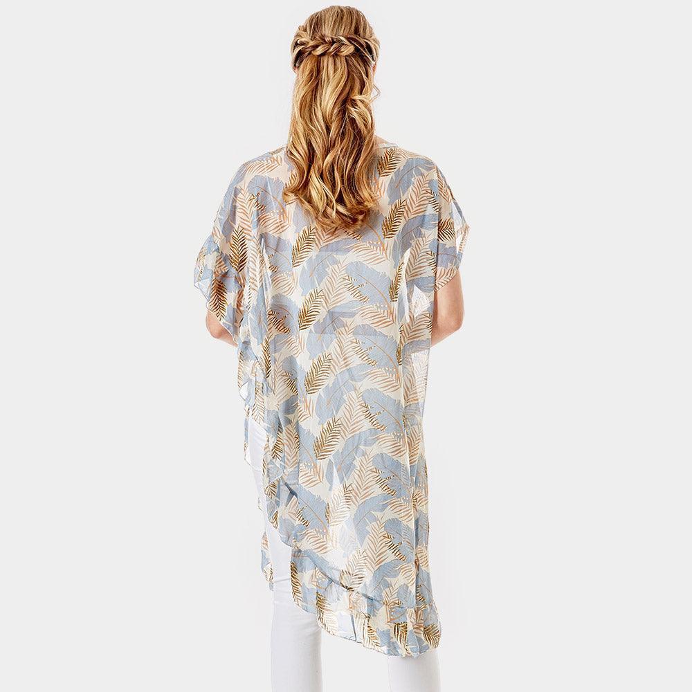 Blue Tropical Leaf and Feather Half Ruffled Cover Up Poncho - Jewelry Store by Erik Rayo