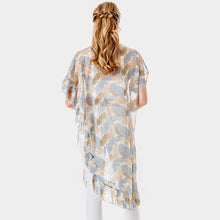 Load image into Gallery viewer, Blue Tropical Leaf and Feather Half Ruffled Cover Up Poncho
