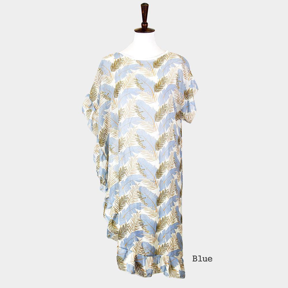 Blue Tropical Leaf and Feather Half Ruffled Cover Up Poncho - Jewelry Store by Erik Rayo