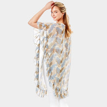 Load image into Gallery viewer, Blue Tropical Leaf and Feather Half Ruffled Cover Up Poncho
