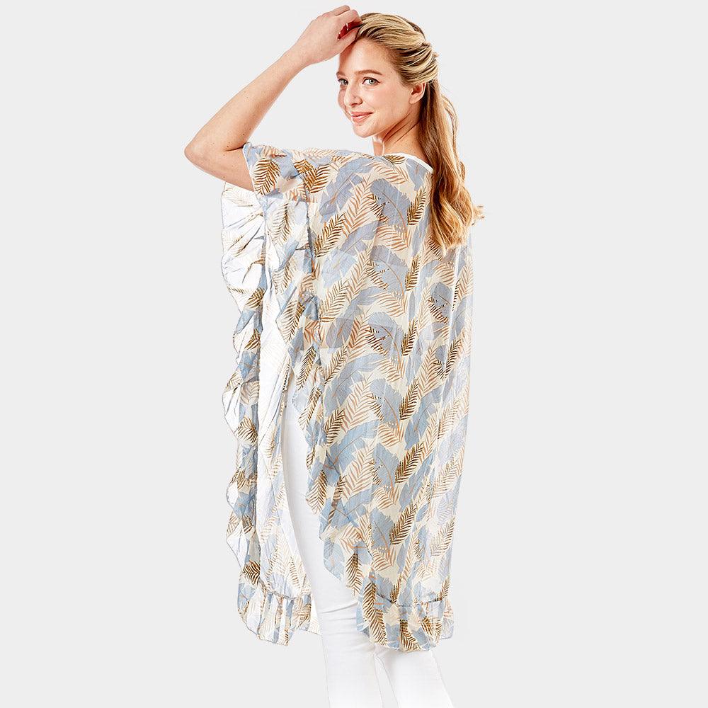 Blue Tropical Leaf and Feather Half Ruffled Cover Up Poncho