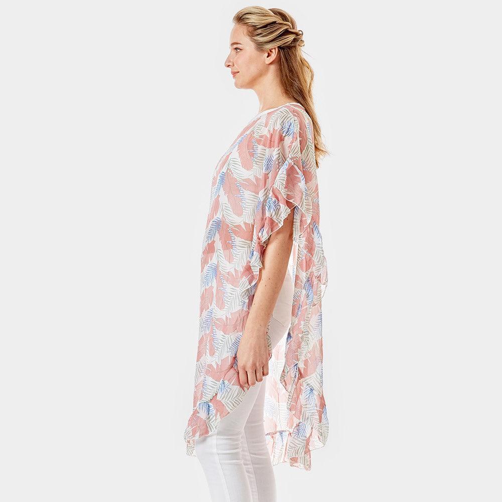 Pink Tropical Leaf and Feather Half Ruffled Cover Up Poncho - Jewelry Store by Erik Rayo
